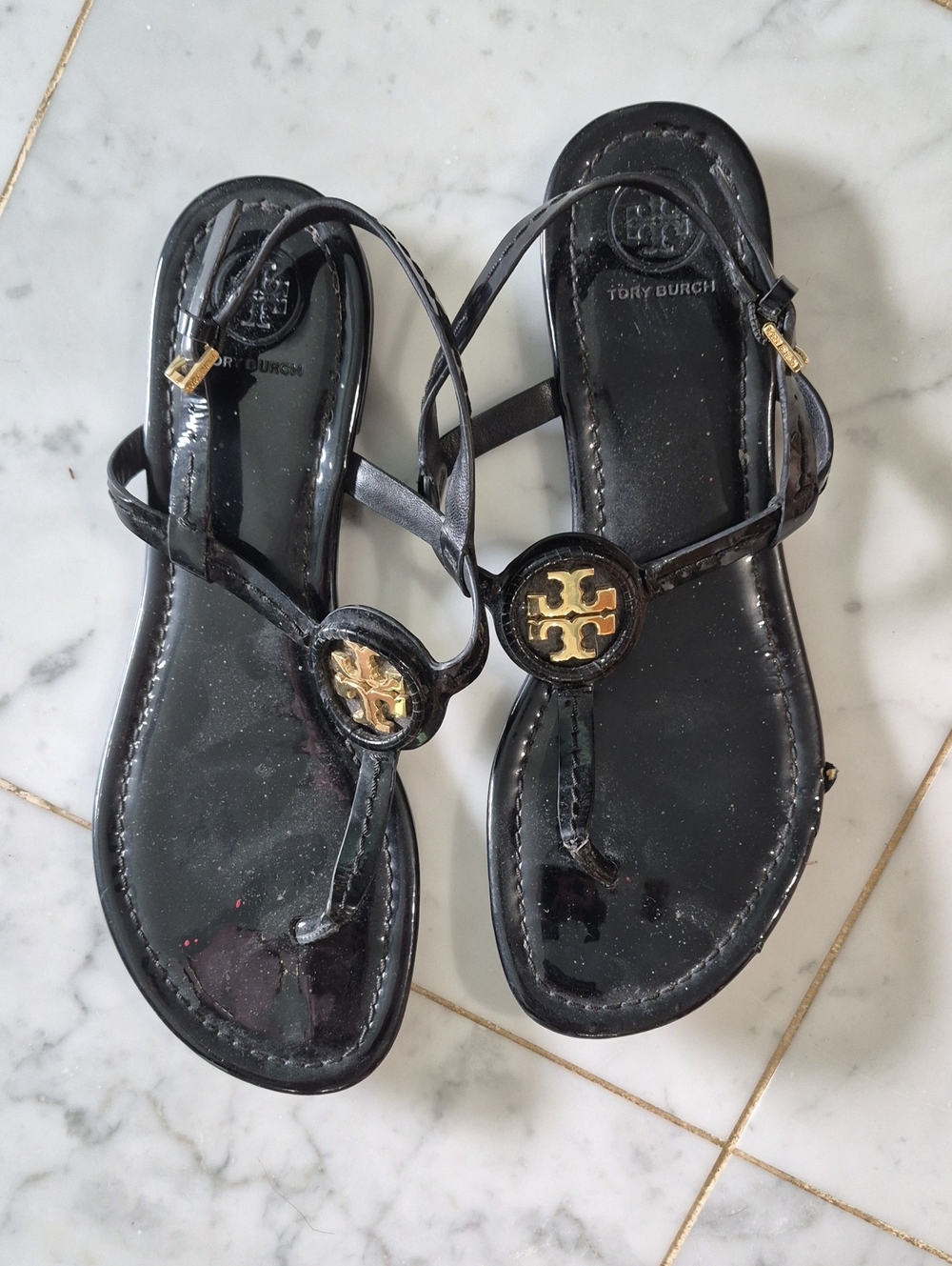 Tory Burch Black Patent Miller Sandals with Gold Logo